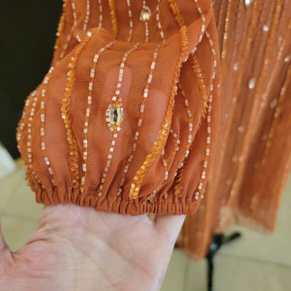 Mac Duggal 5593 Cognac Orange 2 Embellished V Long Sleeve Evening Midi Dress - Picture 3 of 14